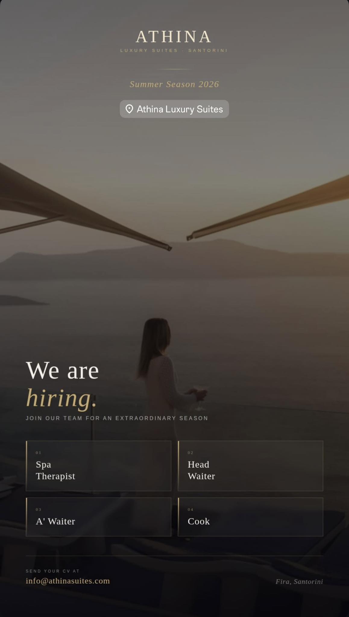 Σαντορινη ζητειται: Spa Therapist-Head Waiter-Α Σερβις-Chef de Partie