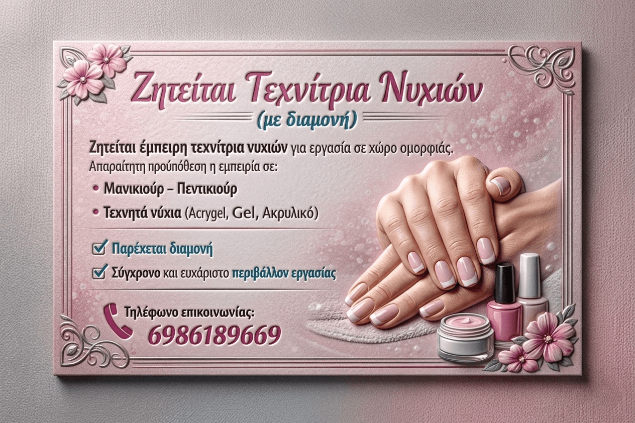 Zητείται έμπειρη τεχνίτρια νυχιών μανικιούρ πεντικιούρ ολο τον χρονο