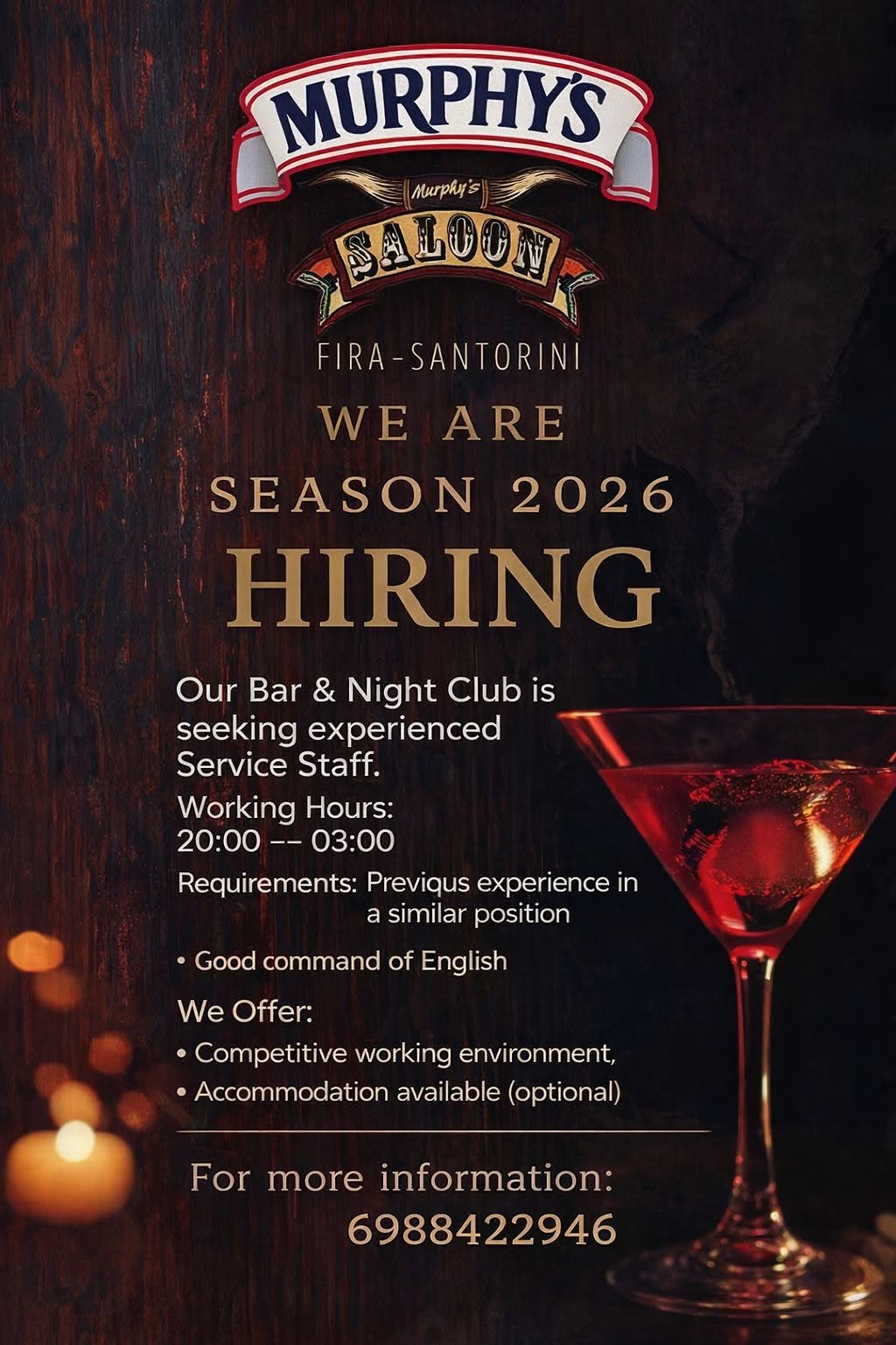 Bar & Night Club is seeking experienced Service Staff